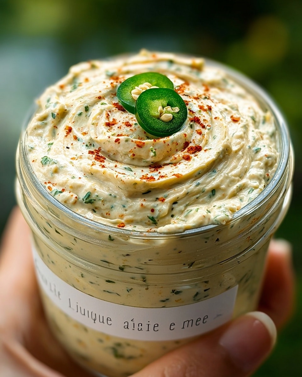 A close-up of a clear glass jar filled with creamy dip that has a light beige color with green herb flecks throughout. The top layer of the dip is swirled with a small mound in the center, where two slices of green jalapeño pepper and a sprinkling of red chili powder rest. The jar is held by a woman's hand, set against a blurred natural green background. The texture of the dip looks smooth and thick with visible small bits of herbs. photo taken with an iphone --ar 4:5 --v 7