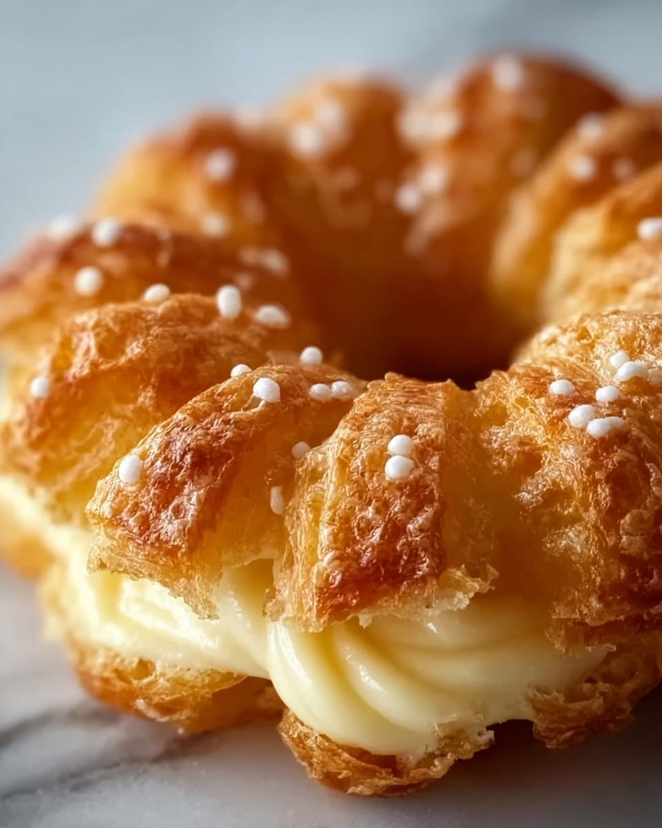 The image shows a close-up of a golden brown pastry shaped like a ring. The pastry has many layers with a shiny, crispy surface and a soft, white creamy filling visible between the layers. Small white sugar crystals sprinkle the top of the pastry, adding texture and brightness to the warm golden color. The background has a white marbled texture. Photo taken with an iphone --ar 4:5 --v 7