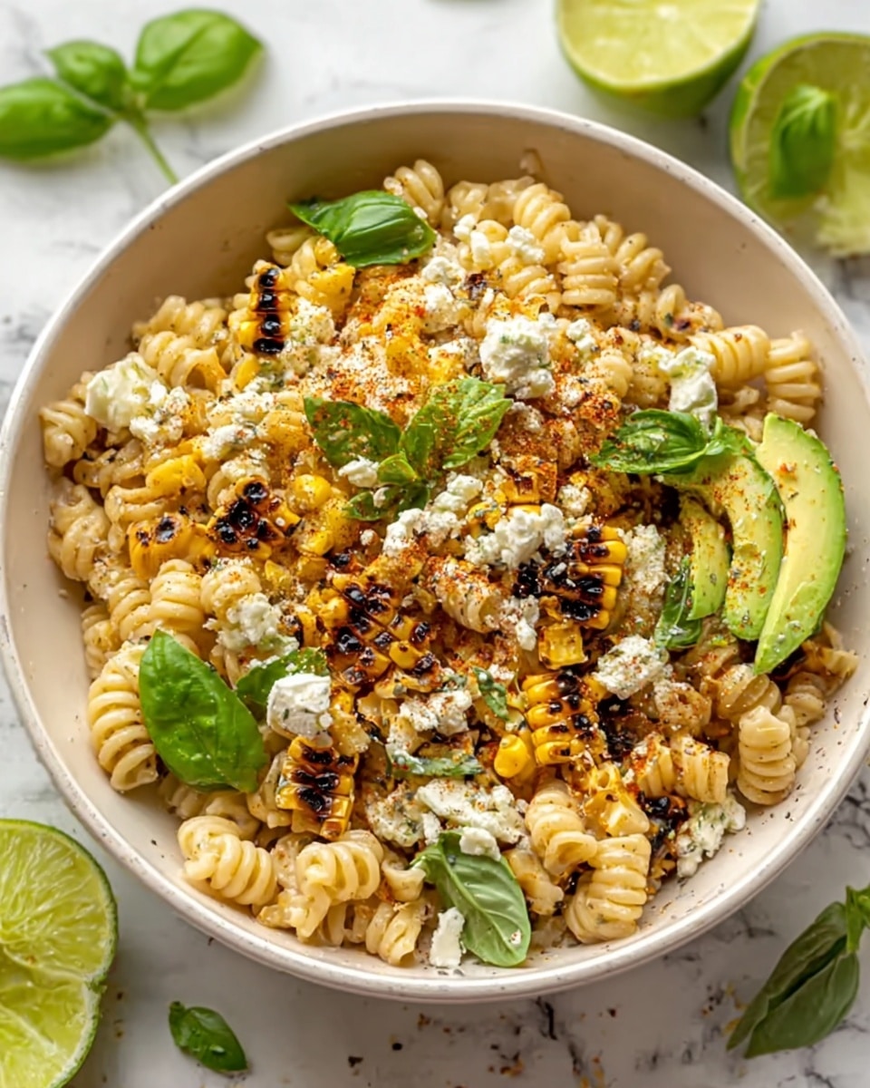 A white bowl filled with curly pasta as the base layer, light beige in color. Scattered on top are charred, golden-yellow corn kernels, some with dark brown grill marks. Bright green torn basil leaves are spread across, adding fresh color. Small white crumbles of cheese are sprinkled generously over the bowl. There are a few slices of green avocado placed on one side. The dish is lightly dusted with a reddish seasoning. The bowl sits on a white marbled surface with lime slices and more basil leaves around it. photo taken with an iphone --ar 4:5 --v 7