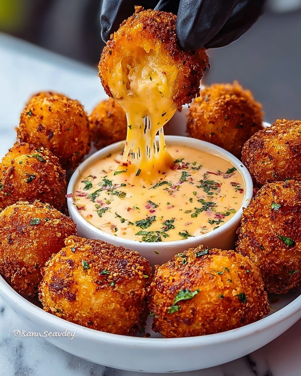 A round white bowl filled with evenly spaced, golden-brown crispy fried cheese balls with a rough, crunchy texture on the outside, surrounding a creamy, pale orange dipping sauce mixed with green herb bits and small red specks in the center; a woman's hand wearing a black glove lifts one cheese ball from the bowl with thick melted cheese strings stretching from the ball into the sauce below, all placed on a white marbled surface. photo taken with an iphone --ar 4:5 --v 7