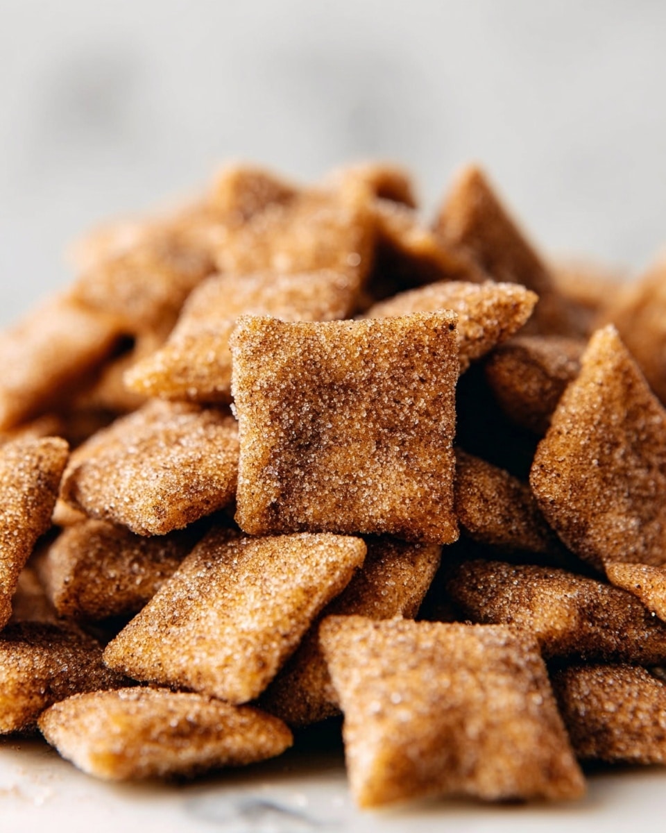 A close-up view of many small, square-shaped pieces of snack coated with a light brown, crumbly cinnamon and sugar layer. Each piece has a slightly rough texture with tiny granules of the coating visible, giving a crunchy appearance. The squares are piled on top of each other, showing different angles and edges with a warm, golden-brown color. The background is a white marbled texture, softly blurred to keep focus on the detailed snack pieces. photo taken with an iphone --ar 4:5 --v 7