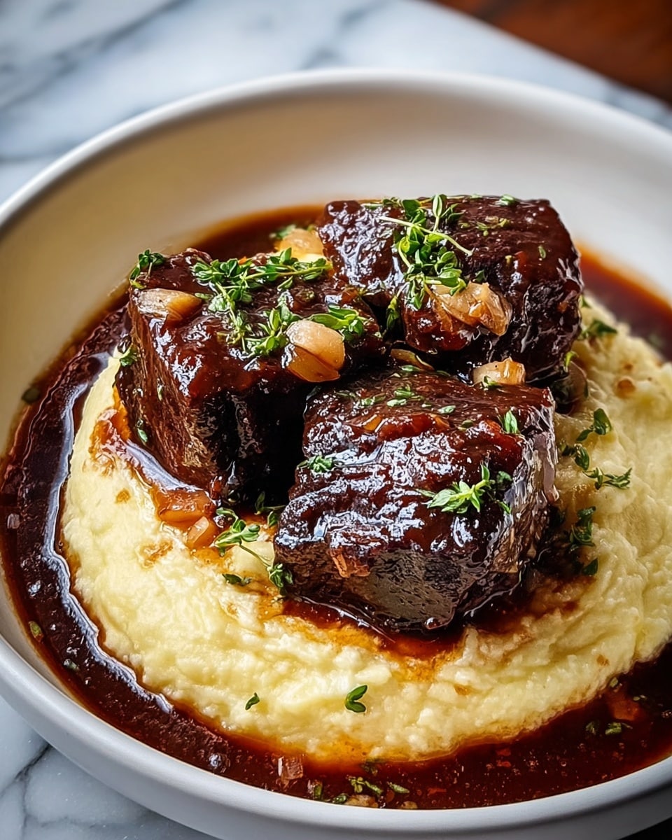 A white shallow bowl contains four thick, glossy chunks of dark brown braised beef topped with small green herb leaves and a few sprigs of thyme, sitting in a rich, dark brown sauce that pools around the meat. Below the beef, there is a cooked small round light yellow onion partially submerged in the sauce. Next to the beef, there is a creamy pale yellow mashed potato scoop with a smooth, fluffy texture and a sprig of thyme laid on top. The bowl is set against a white marbled surface, giving the scene a clean, bright look. Photo taken with an iphone --ar 4:5 --v 7