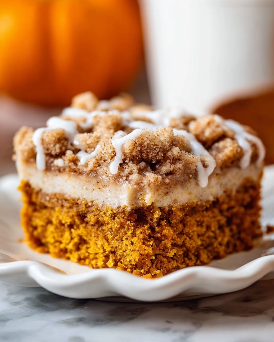 A close-up of a three-layer dessert piece on a white plate with scalloped edges, sitting on a white marbled surface. The bottom layer is dense and moist with a deep orange color, likely pumpkin-based. The middle layer is thick, smooth, and light brown, looking creamy and rich. The top layer is a chunky crumbly streusel with a mix of golden brown and beige pieces, scattered unevenly with some small white glaze drizzled over it, adding a contrasting smooth texture. In the blurry background, an orange object suggests a pumpkin in warm light. photo taken with an iphone --ar 4:5 --v 7
