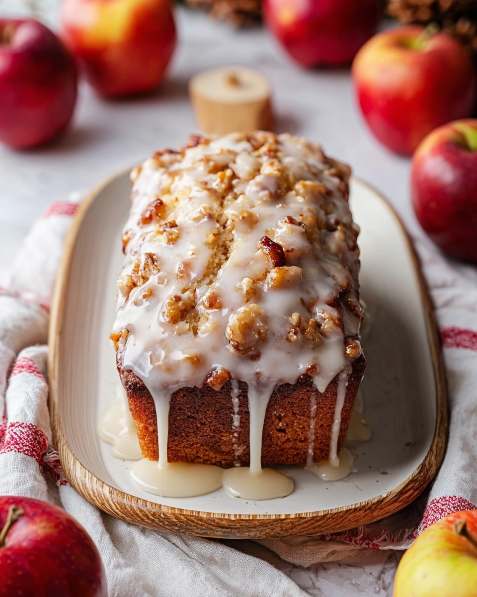 A small loaf cake sits in the center of a white oval plate with a light wood grain design. The cake has a golden-brown crust with a bumpy top covered in a thick layer of white icing that drips down the sides. The top looks crunchy and textured, with bits of nuts visible through the glossy icing. Around the plate, the scene is filled with red and yellow apples and a white cloth with red stripes, all placed on a white marbled surface. Photo taken with an iphone --ar 4:5 --v 7