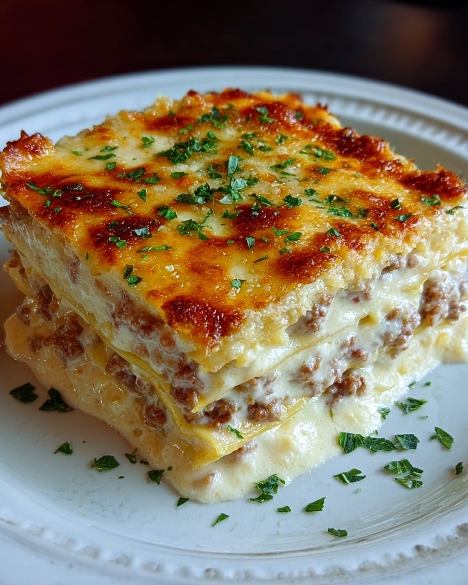 The image shows a close-up of a slice of lasagna with three visible layers. The bottom layer is pasta with creamy white cheese sauce mixed with small bits of ground meat. The middle layer is thick, creamy, and pale with melted cheese and finely chopped herbs. The top layer is golden brown melted cheese with a slightly crispy texture and is sprinkled with chopped green herbs. The lasagna slice is served on a white plate placed on a white marbled surface, giving a clean and bright look. photo taken with an iphone --ar 4:5 --v 7