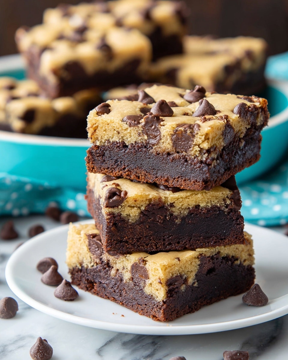 The image shows a stack of four thick, square brownies with two visible layers. The bottom layer is dark brown and rich-looking, while the top layer is a light golden cookie dough with melted dark chocolate chips spread across it. The brownies are placed on a white plate, sitting on a white marbled surface with some scattered chocolate chips around. In the background, more brownies are on a white plate inside a turquoise bowl, slightly out of focus. photo taken with an iphone --ar 4:5 --v 7