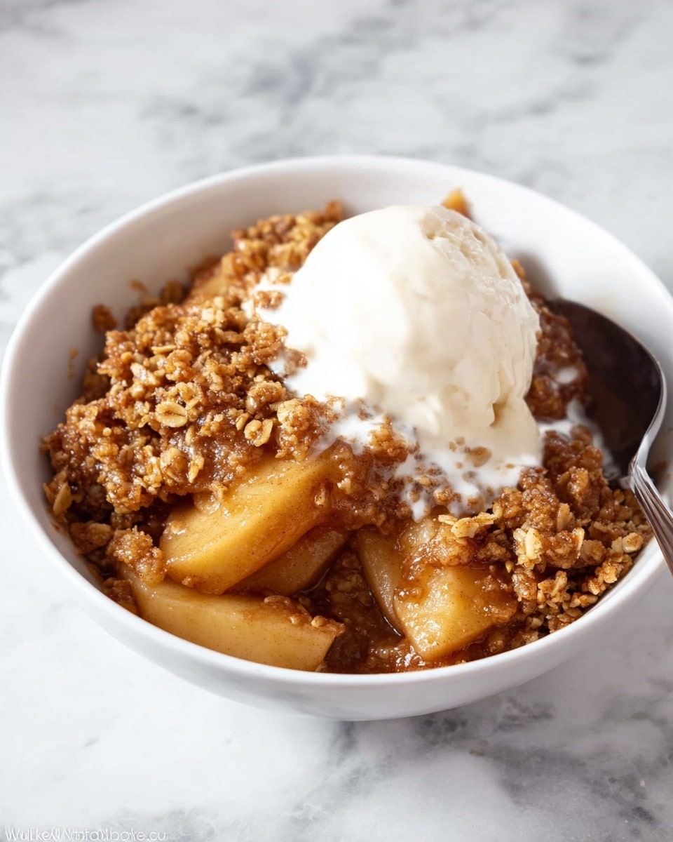 A white bowl filled with a warm apple crumble dessert, showing large golden-brown soft apple slices coated in a sticky cinnamon sauce at the bottom layer. On top of this, there is a crumbly oat topping that is brown and textured with visible small oat pieces. Above this, a generous scoop of creamy white ice cream is melting slightly, creating a smooth glossy layer that softly covers part of the crumble. A metal spoon rests inside the bowl on the right side. The bowl is placed on a surface with a white marbled texture. photo taken with an iphone --ar 4:5 --v 7