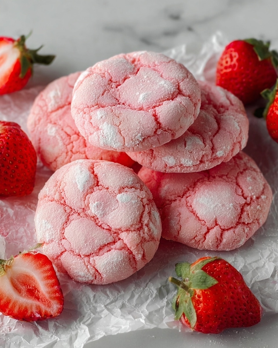 A group of six round, pink cookies with a cracked top texture lies stacked and slightly overlapping on a piece of white crumpled parchment paper, placed on a white marbled surface. The cookies have a sugar coating that gives them a slightly frosted look, with some areas lighter pink and some deeper pink shades. Around the cookies, there are several fresh strawberries, some whole with green leafy tops and some cut in half showing their bright red inside. The arrangement is close up, showing details of the cookie cracks and the juicy texture of the strawberries. photo taken with an iphone --ar 4:5 --v 7
