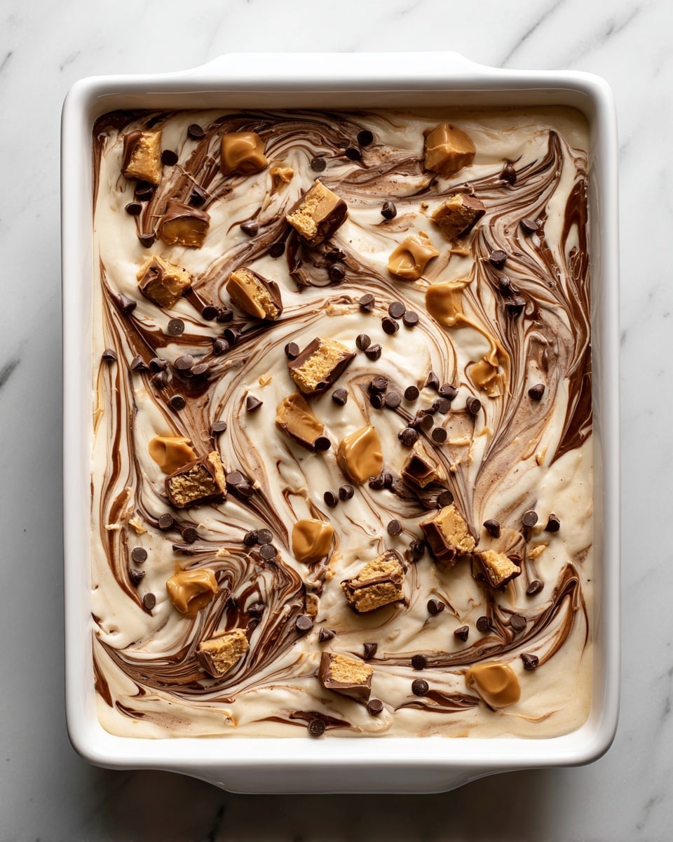 A square white baking dish filled with a thick dessert that has a creamy, light beige base layer swirled with dark brown chocolate. On top, there are scattered small chocolate chips, chunks of peanut butter candy cups, and small caramel-colored peanut butter pieces adding texture and color contrast. The surface shows a marbled pattern of chocolate and peanut butter swirls blending smoothly into the creamy base. The dish sits on a white marbled texture surface. Photo taken with an iphone --ar 4:5 --v 7