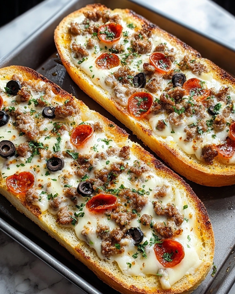 Two long, thick slices of bread, hollowed out and filled like open-faced sandwiches, sit side by side on a black baking tray. Each slice has three main layers: a base layer of browned ground meat, a melted white and light yellow cheese layer on top, and small round pepperoni slices and black olives scattered evenly across the surface. Some finely chopped green herbs are sprinkled over everything, adding small pops of color. The bread crust is golden and crisp, and the inside looks soft and fluffy. The background is a white marbled texture. photo taken with an iphone --ar 4:5 --v 7
