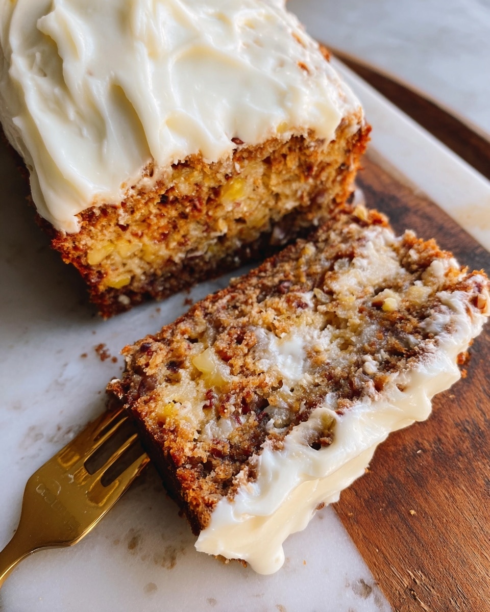 The image shows a close-up view of a loaf cake sliced with one piece separated and held by a golden fork. The cake has two layers: a dense, moist, textured base layer in a light brown color with bits of darker brown and yellow, showing a crumbly and chunky texture, and a thick, creamy white frosting spread unevenly on top, slightly dripping down the sides. The slice on the fork reveals the rough, grainy texture of the cake with bits of fruit or nuts inside. The cake is placed on a white marbled surface with a rustic wooden board visible on the right side. photo taken with an iphone --ar 4:5 --v 7
