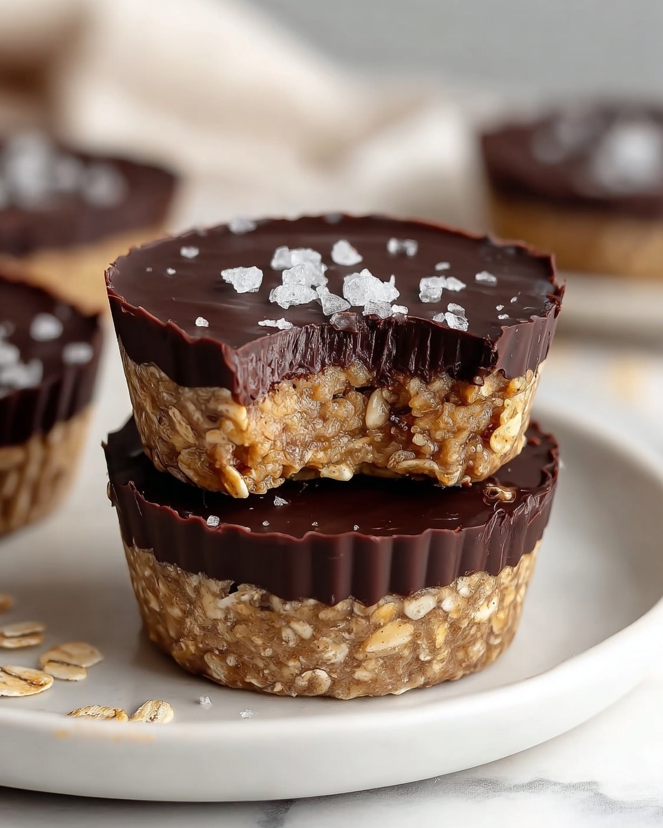 The image shows two stacked oat and chocolate cups on a white plate set on a white marbled texture. Each cup has two clear layers: the bottom layer is thick and textured with light brown oats mixed with a sticky binder, while the top layer is smooth, glossy dark chocolate with a few small flakes of coarse white salt sprinkled on top. The top cup has a small bite taken out of it, revealing the oat layer's dense and chunky texture under the chocolate. The edges of the chocolate layer have a slightly rough, handmade look. More oat and chocolate cups are blurred in the background. photo taken with an iphone --ar 4:5 --v 7