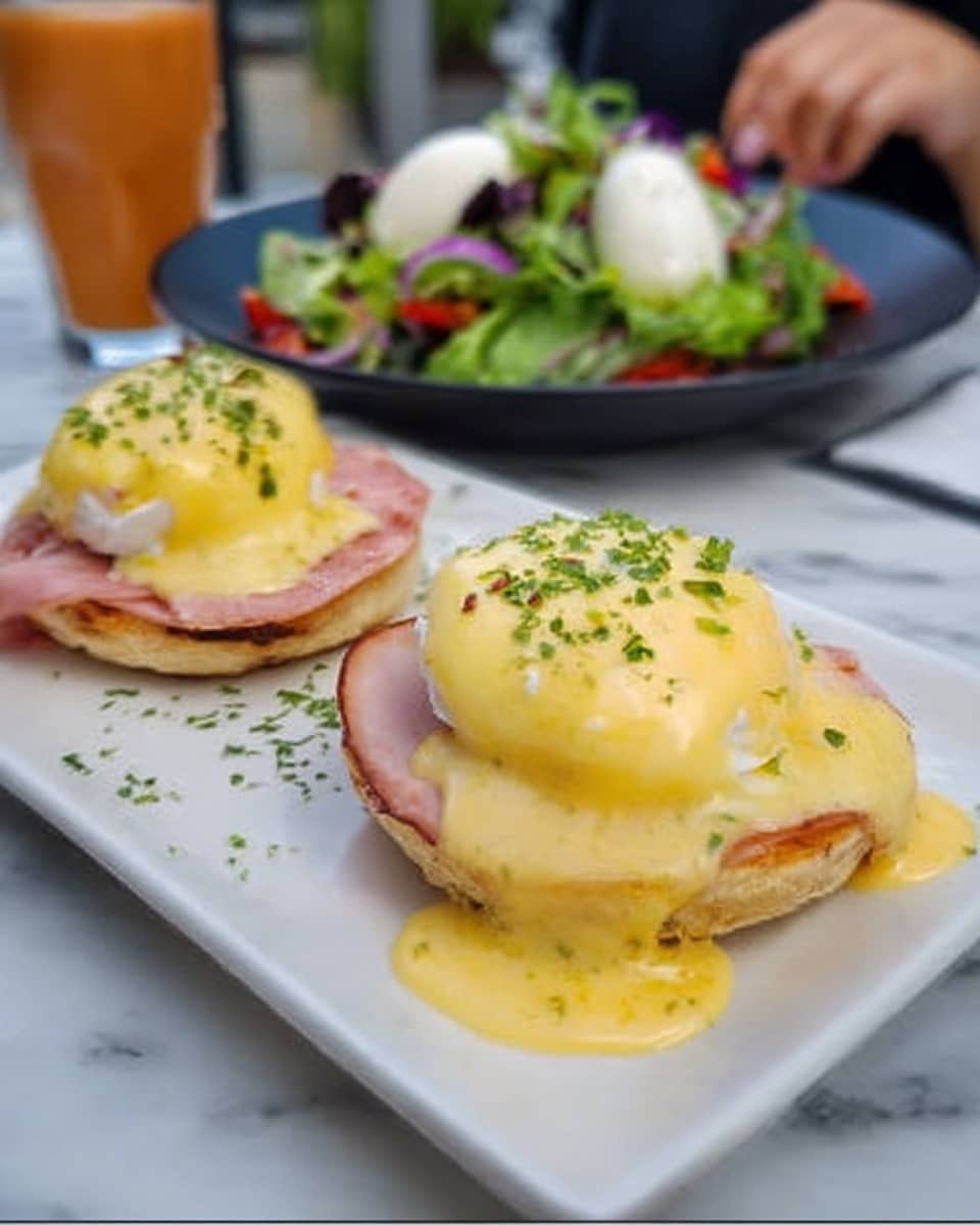 The image shows two eggs Benedict on a long white plate, each with a toasted English muffin base topped with ham, a poached egg with a yellow yolk, and thick, creamy hollandaise sauce dripping over the sides. The sauce is sprinkled with green herbs. In the blurred background, there is a second white plate filled with a green salad and dollops of white dressing, placed on a white marbled table. A woman's hand is partly visible near the salad plate. Photo taken with an iphone --ar 4:5 --v 7