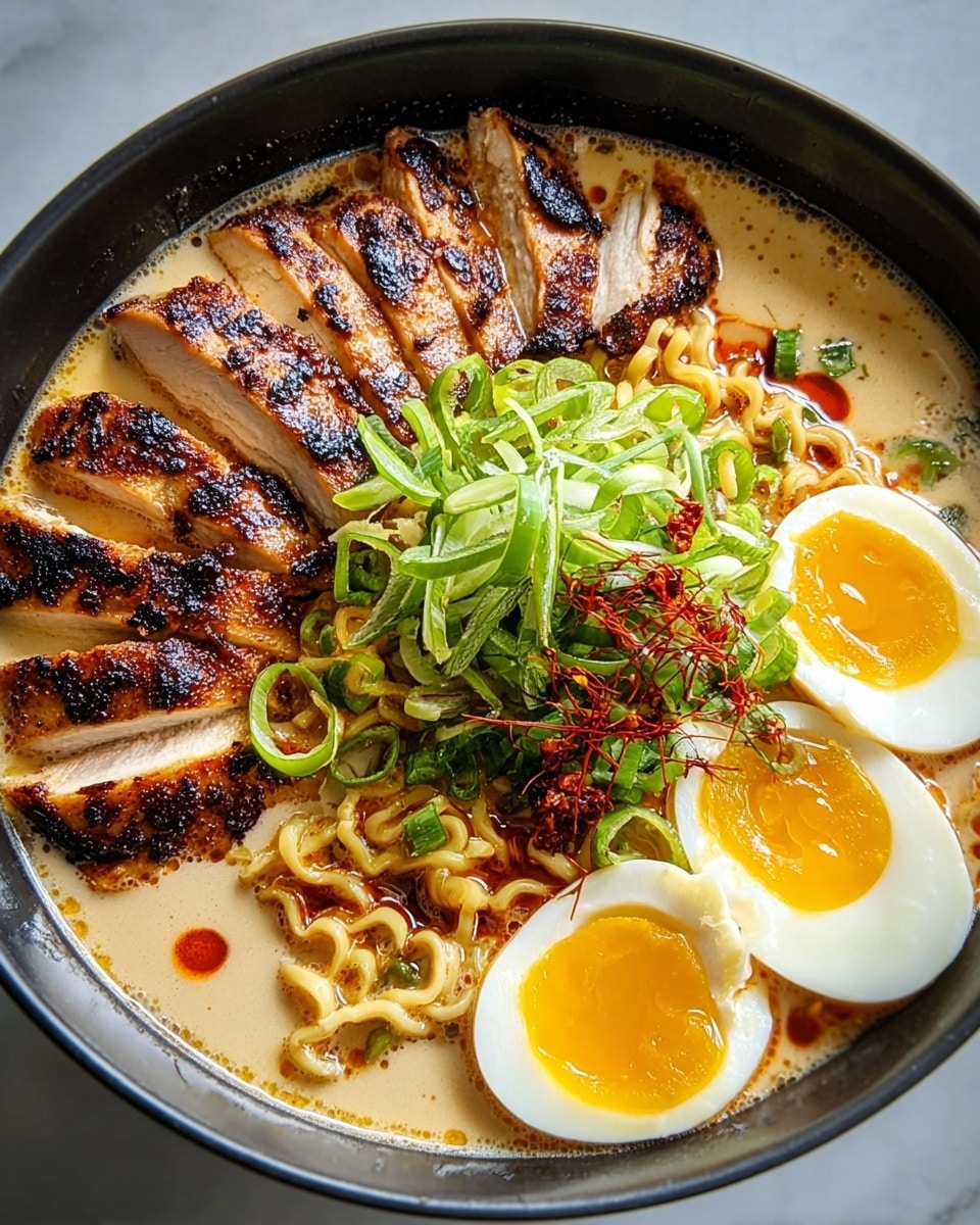 A black bowl holds a rich ramen dish with four main layers. At the bottom, creamy light orange broth with small red oil spots gives a smooth texture. On the left side, curly yellow noodles are partially visible, slightly soaked in the broth. Next, thick slices of grilled chicken with a brown charred surface fan out along the bottom right edge. Above the chicken, bright green thinly sliced scallions are heaped in the center, adding freshness. At the top right, three soft-boiled egg halves show firm white edges and runny orange yolks. The bowl sits on a white marbled surface. Photo taken with an iphone --ar 4:5 --v 7