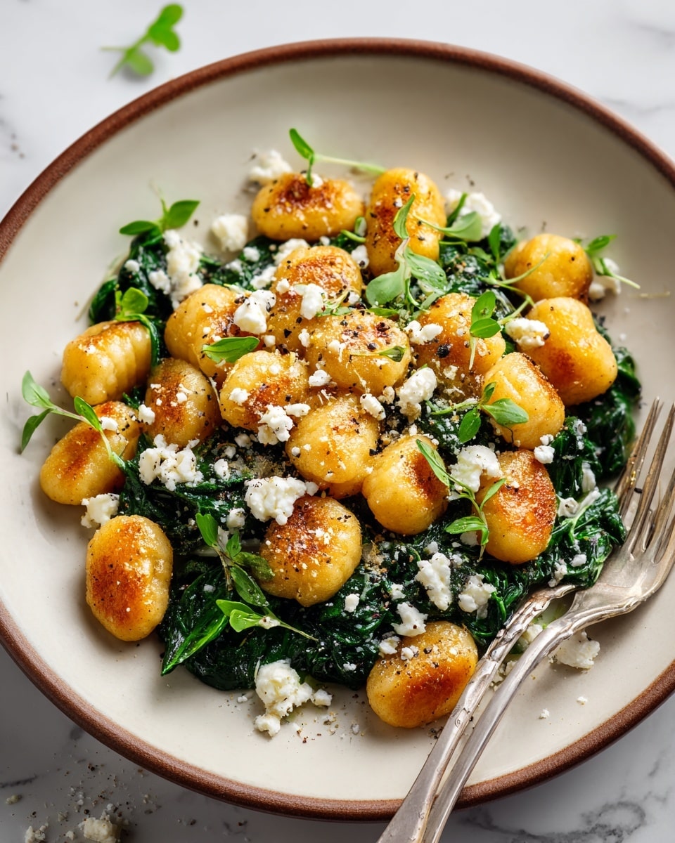 A round white plate with a brown rim holds a dish with about thirty golden-brown gnocchi pieces that look crispy outside. Underneath, there is a layer of dark green wilted spinach spread across the plate. Scattered over the gnocchi and spinach are crumbles of white cheese, adding a soft texture and a little color contrast. Small green herb sprigs are placed on top for garnish. A silver fork rests on the edge of the plate, and everything is set on a white marbled surface. photo taken with an iphone --ar 4:5 --v 7