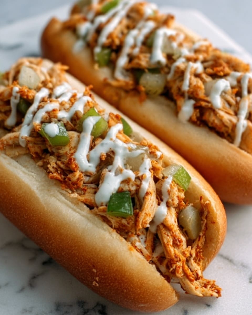 The image shows two hot dogs served in white buns, each topped with a generous layer of cooked shredded chicken mixed with small pieces of green bell peppers and onions. On top of the chicken mixture, there are light drizzle lines of a white creamy sauce that adds contrast to the warm brown and orange tones of the chicken. The hot dogs rest on a white marbled surface. photo taken with an iphone --ar 4:5 --v 7