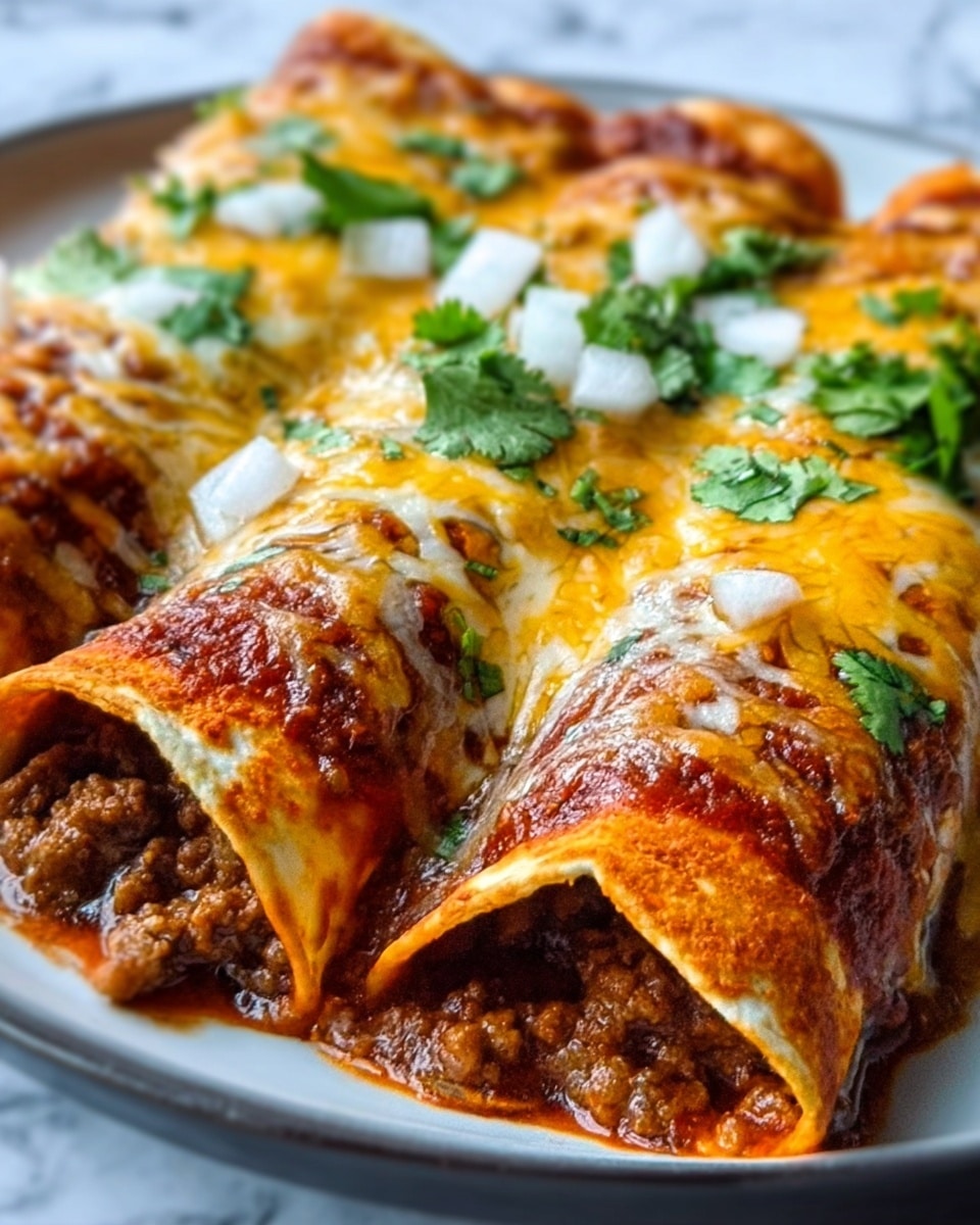 The image shows a close-up of three rolled enchiladas placed side by side on a white plate, each topped with melted yellow and white cheese with a slightly browned texture. The enchiladas have a rich red sauce coating the tortillas, which are soft and slightly wrinkled. Beneath the sauce and cheese, you can see browned ground meat filling peeking out from the ends. On top, there are small chopped white onions and fresh green cilantro leaves scattered, adding a fresh contrast. The photo is taken up close with shallow focus, highlighting the texture of the sauce and cheese. The background is a white marbled surface. Photo taken with an iphone --ar 4:5 --v 7
