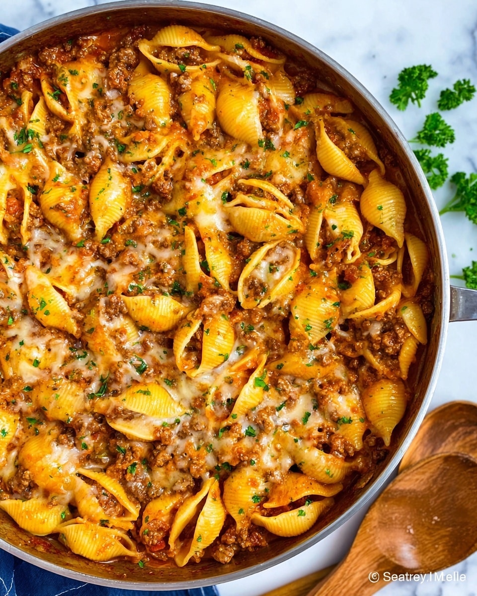 A close-up view of a round silver pan filled with a baked pasta dish made from large yellow shell pasta mixed with a meaty sauce containing ground beef and small bits of tomato, covered in melted cheese. The pasta shells are coated in a slightly oily, orange-brown sauce with visible herbs sprinkled on top. The pan sits on a white marbled surface with two wooden pasta spoons partly visible near its edge, and a few green parsley leaves are scattered around for decoration. photo taken with an iphone --ar 4:5 --v 7