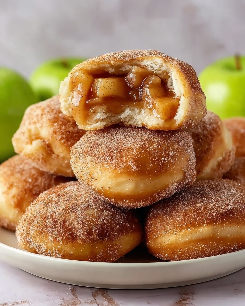 A white plate stacked with several round, golden brown dough pieces covered in a fine layer of cinnamon sugar, giving them a slightly rough texture. The top dough piece is split open, showing a thick filling of soft, cooked apple chunks coated in a glossy cinnamon sauce inside the fluffy light beige dough. The background has a white marbled texture with blurred green apples and more dough pieces, adding depth to the image. The lighting highlights the warm tones of the cinnamon sugar and the shiny filling inside. Photo taken with an iphone --ar 4:5 --v 7