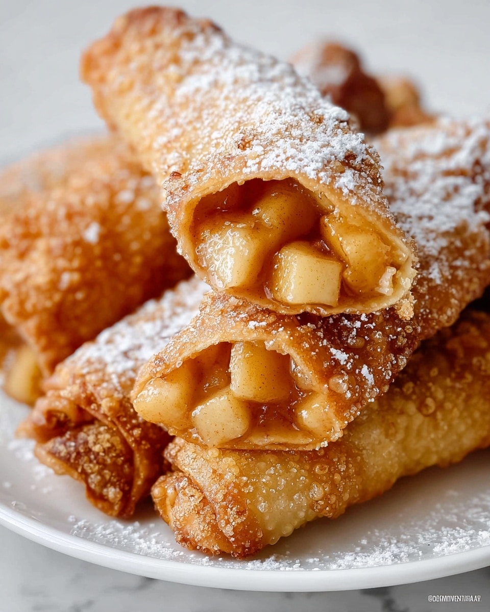 The image shows several golden-brown, crispy rolled pastries arranged on a white plate placed on a white marbled surface. Each pastry is filled with small, glossy chunks of cooked apple mixed with a cinnamon-spiced sauce. The outer layer is bubbly and crunchy, dusted generously with white powdered sugar, adding a soft texture contrast. One pastry in the foreground is partially open at the end, revealing the warm, sticky apple filling inside. The overall look is warm and inviting, highlighting both the textured crust and the rich filling. photo taken with an iphone --ar 4:5 --v 7