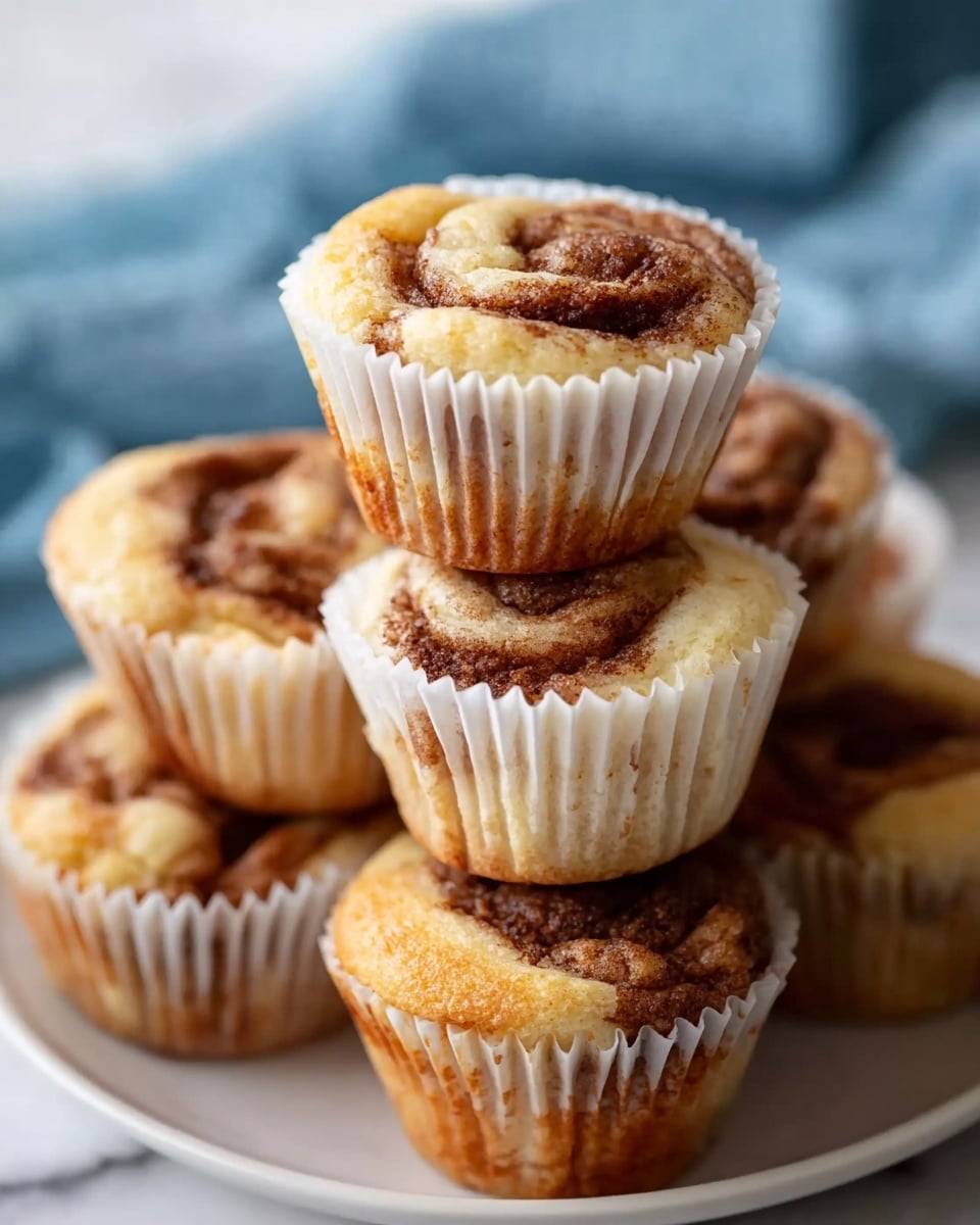 A stack of soft cinnamon roll muffins is shown in close-up, each muffin wrapped in white paper liners. The muffins have a light golden-brown top with visible swirls of darker cinnamon filling creating a marbled effect. The texture looks fluffy and moist, with the cinnamon layers slightly caramelized. Muffins are stacked on a white plate, resting on a white marbled surface, with a soft-focus blue cloth in the background. photo taken with an iphone --ar 4:5 --v 7