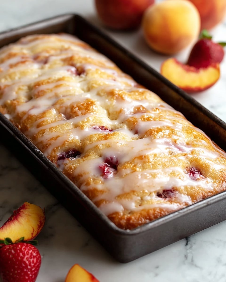 A rectangular baked pastry in a dark baking pan, with a golden-brown top layer that is soft and slightly puffy, showing small spots of red fruit filling peeking through. A thin, white glaze is drizzled unevenly across the surface, giving it a shiny and slightly wet look. The pastry sits on a white marbled surface, with some whole and sliced strawberries visible at the edge of the frame, and blurred peaches in the background. photo taken with an iphone --ar 4:5 --v 7