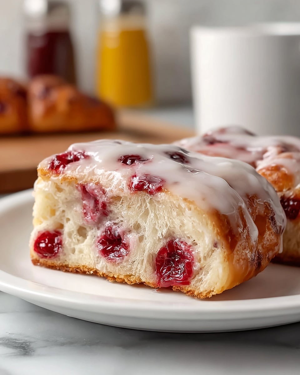A close-up of two pieces of cherry-filled pastry on a white plate, the pastry has a light golden-brown crust with a soft, airy inside showing bright red cherry fruit embedded throughout. The top is coated with a smooth, shiny white glaze that drips slightly over the edges, adding a glossy finish. The background shows a white marbled texture with blurred condiment containers in the distance. photo taken with an iphone --ar 4:5 --v 7