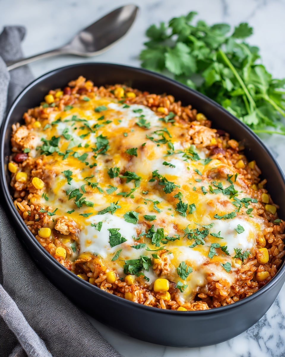 The dish is shown in a black oval baking dish filled with a layered rice casserole. The bottom layer is reddish-orange rice mixed with small pieces of cooked chicken and beans, topped with melted yellow and white cheese. Scattered bright yellow corn kernels are spread on top along with some fresh green cilantro leaves, adding color contrast. The casserole looks warm and cheesy with slight browning on the melted cheese. The dish is placed on a white marbled surface with a loosely folded gray towel underneath, and some fresh cilantro lies nearby. The photo taken with an iphone --ar 4:5 --v 7