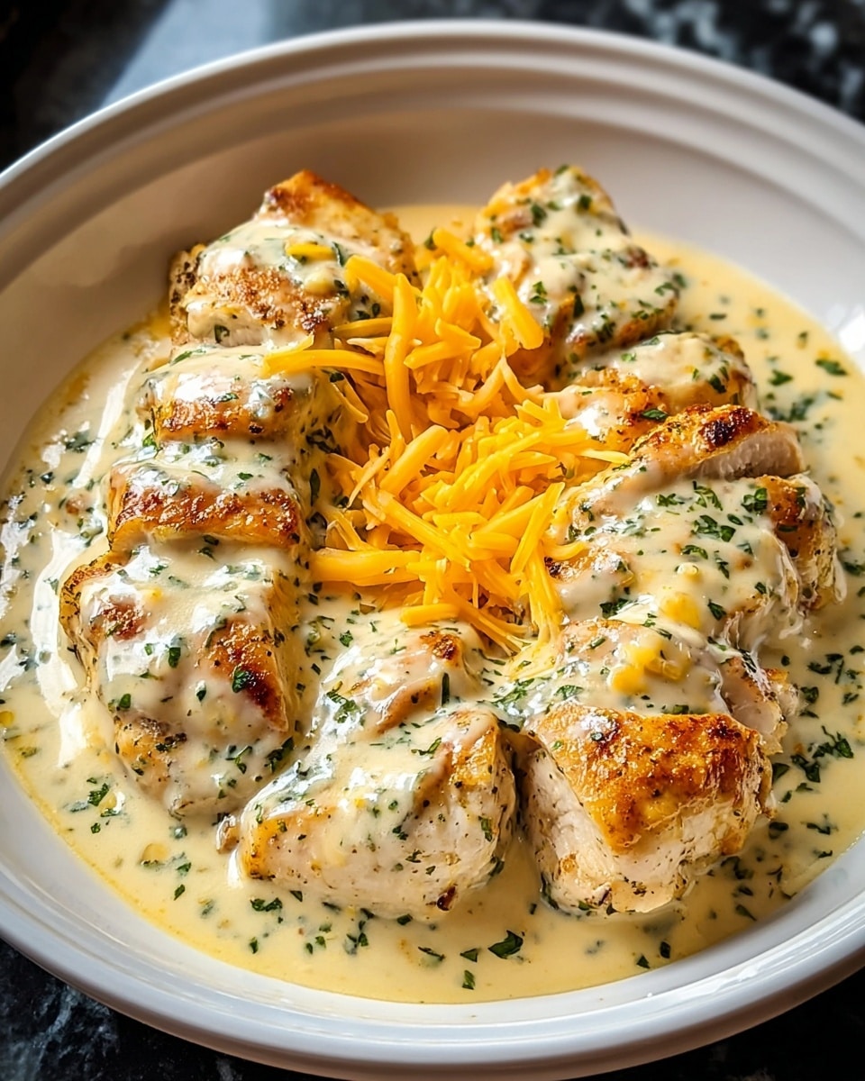 The image shows a black slow cooker filled with seven pieces of cooked chicken breasts, partly submerged in a creamy white sauce speckled with green herbs and small bits of melted yellow cheese. The chicken pieces have a light brown sear on top, giving them a slightly textured look. The sauce looks rich and smooth, pooling evenly around the chicken. The background has been replaced with a white marbled texture. photo taken with an iphone --ar 4:5 --v 7