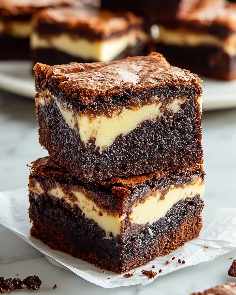 The image shows two stacked brownies with three clear layers. The top and bottom layers are dark brown and look moist with a slightly cracked, shiny crust. The middle layer is creamy and light yellow, running evenly through each brownie, creating a strong contrast with the dark chocolate layers. The brownies are placed on white parchment paper, with some crumbs scattered around. In the background, more brownies are visible on a white plate, all set against a white marbled surface. photo taken with an iphone --ar 4:5 --v 7