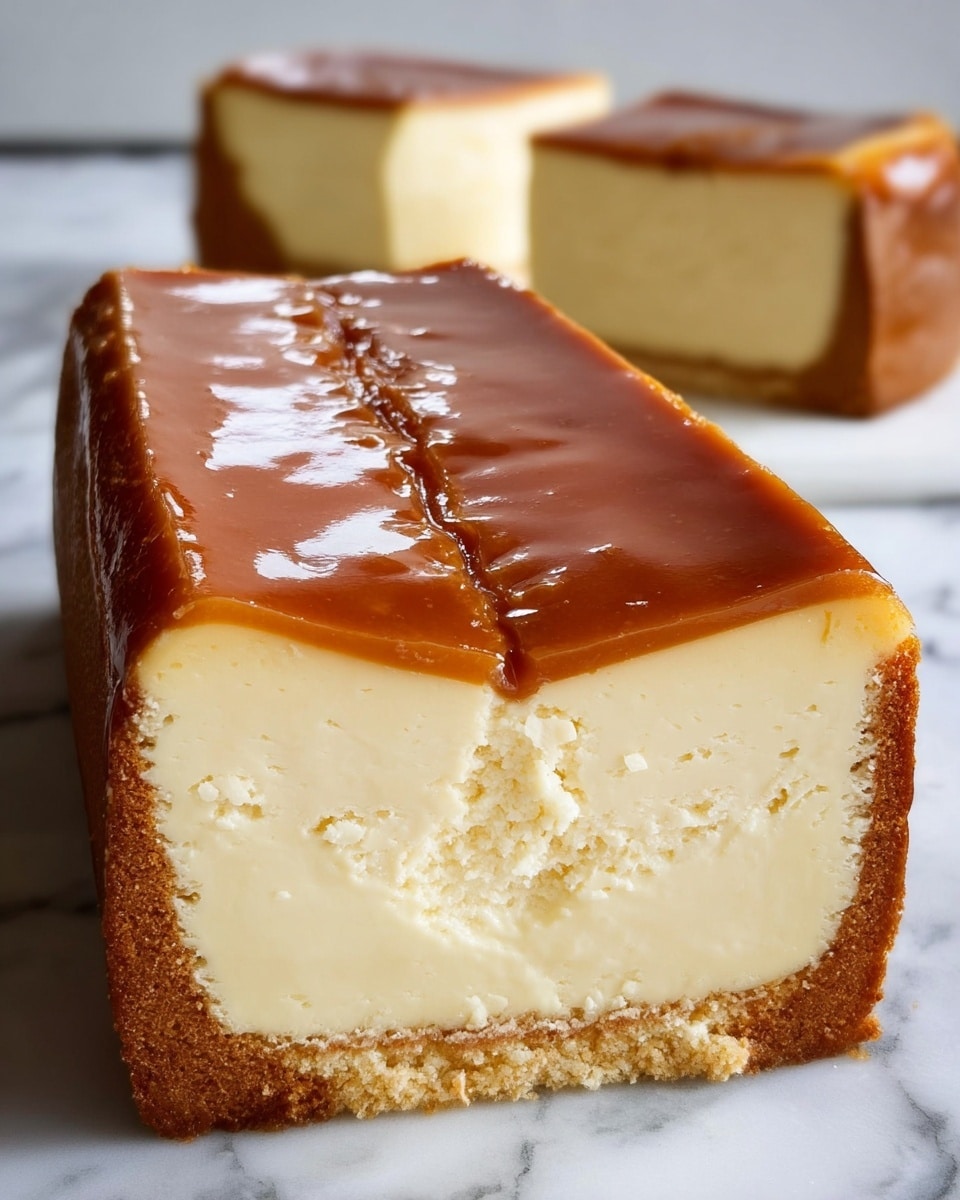 The image shows a rectangular cake with a shiny, golden-brown crust on the top and sides. It is cut in half to show the inside, which is smooth and creamy with a pale yellow color, looking dense and soft. The cake sits on a white marbled surface, and small crumbs are scattered around it. The texture of the crust looks slightly firm, while the inside looks rich and moist without any visible layers. photo taken with an iphone --ar 4:5 --v 7