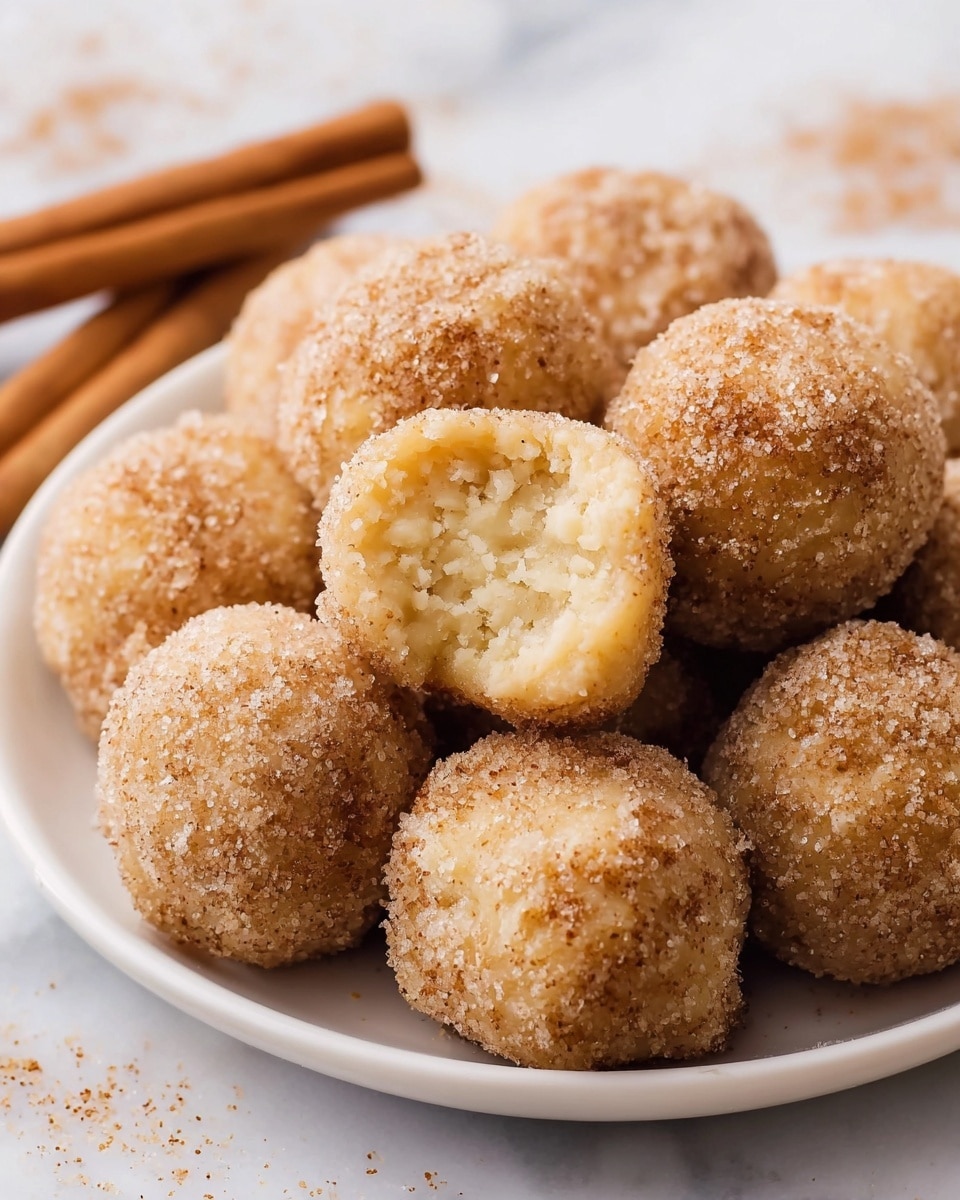 A white plate holds several small round balls coated in a light brown sugar and cinnamon mix, giving them a grainy texture. One ball is broken open in the center foreground, showing a creamy, soft, slightly crumbly pale yellow inside. The balls are clustered close together with a few cinnamon sticks standing behind them. The scene is on a white marbled surface. photo taken with an iphone --ar 4:5 --v 7