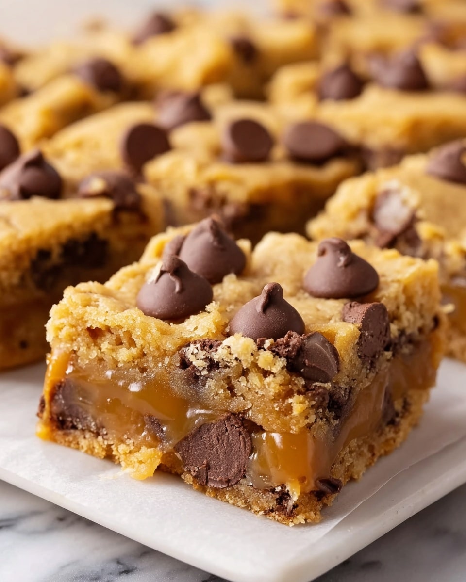 The image shows a close-up of a square dessert bar with two visible layers. The bottom layer is a thick, smooth, glossy caramel with a golden-brown color and a gooey texture that slightly oozes out near the edge. The top layer is a lightly cracked, soft, golden cookie dough embedded with dark brown chocolate chips, some of which are slightly melted and others sit whole on top. The dessert bars are placed on a white baking tray, which sits on a white marbled surface. Photo taken with an iphone --ar 4:5 --v 7