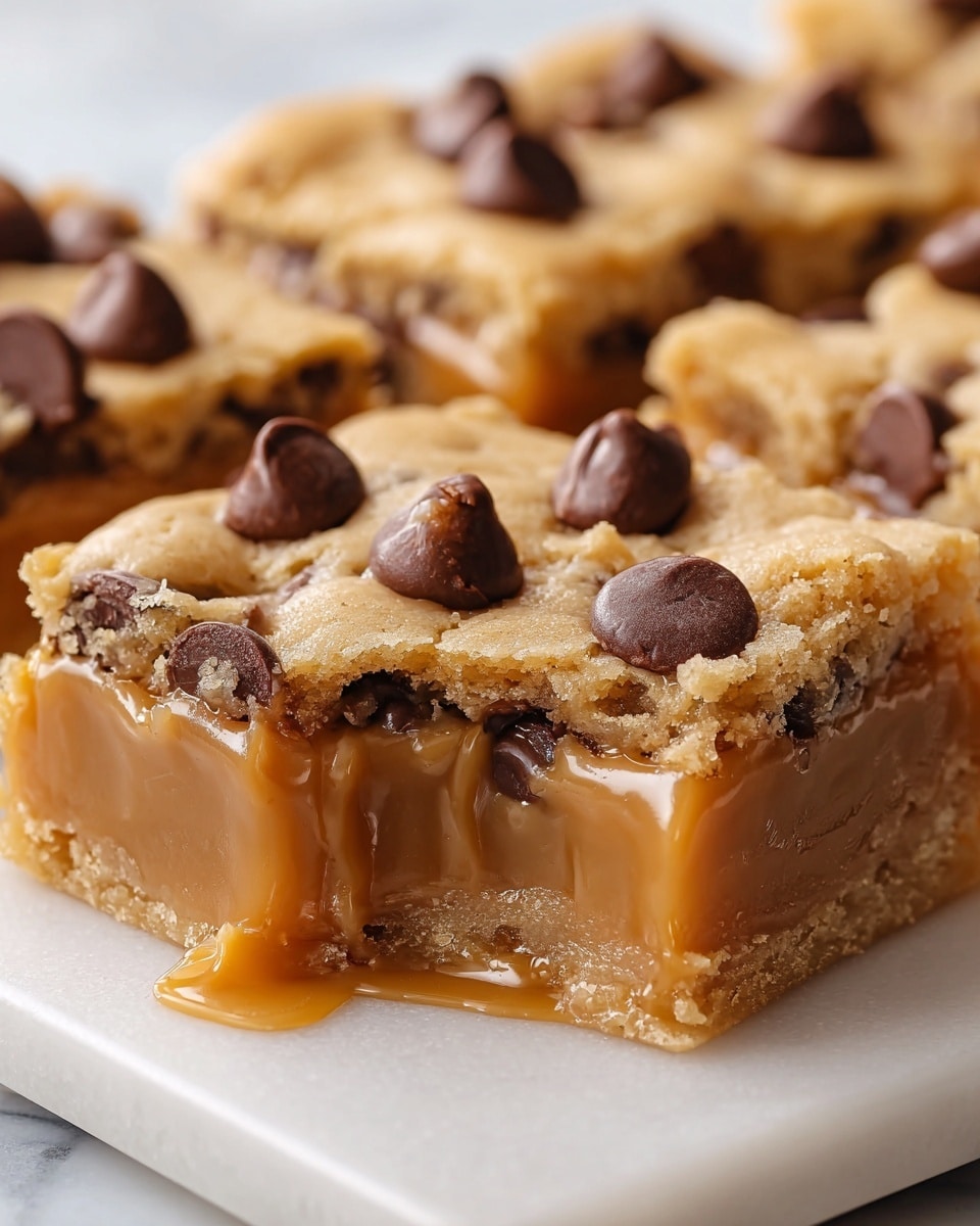 The image shows a close-up of a square cookie bar with three visible layers: a crumbly light golden brown cookie dough top layer with several smooth, dark brown chocolate chips embedded on it, a thick middle layer of gooey, shiny caramel in a warm amber color, and a bottom layer of soft baked cookie dough studded with melted chocolate bits. The cookie bars are placed on a white tray, resting on a white marbled surface, with other similar bars blurred in the background. photo taken with an iphone --ar 4:5 --v 7