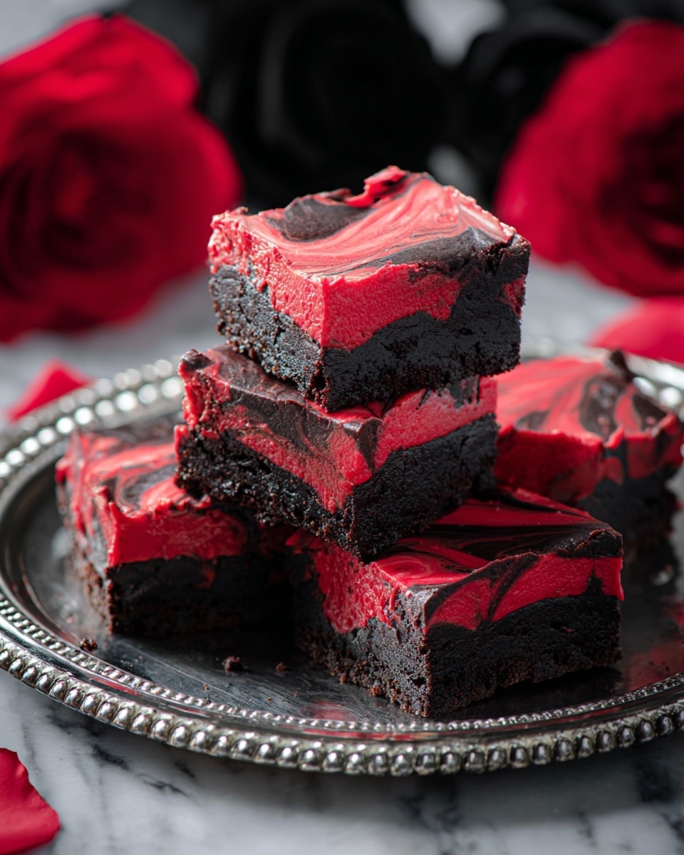 A stack of six thick square brownies is placed on a silver tray with a beaded edge. Each brownie has two visible layers: the bottom layer is a dense, dark black chocolate base, and the top layer is a bright red, creamy frosting with black swirls mixed in, creating a marbled effect. The edges of the brownies are clean-cut, showing the contrast between the black and red layers clearly. Around the tray, there are black and red decorative roses, and the background is a white marbled texture. photo taken with an iphone --ar 4:5 --v 7