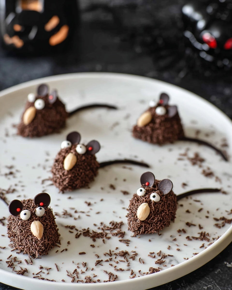 The image shows five chocolate treats shaped like mice placed on a large white plate with scattered chocolate flakes. Each mouse has a body covered in rough dark chocolate shavings, two peanut halves as ears positioned near the front, two small white candy dots for eyes, and a tiny red candy piece for the nose. Thin curved lines of dark chocolate extend from the back, acting as tails. The plate is set on a white marbled surface, and the background includes a blurry dark area with a black decorative object. photo taken with an iphone --ar 4:5 --v 7