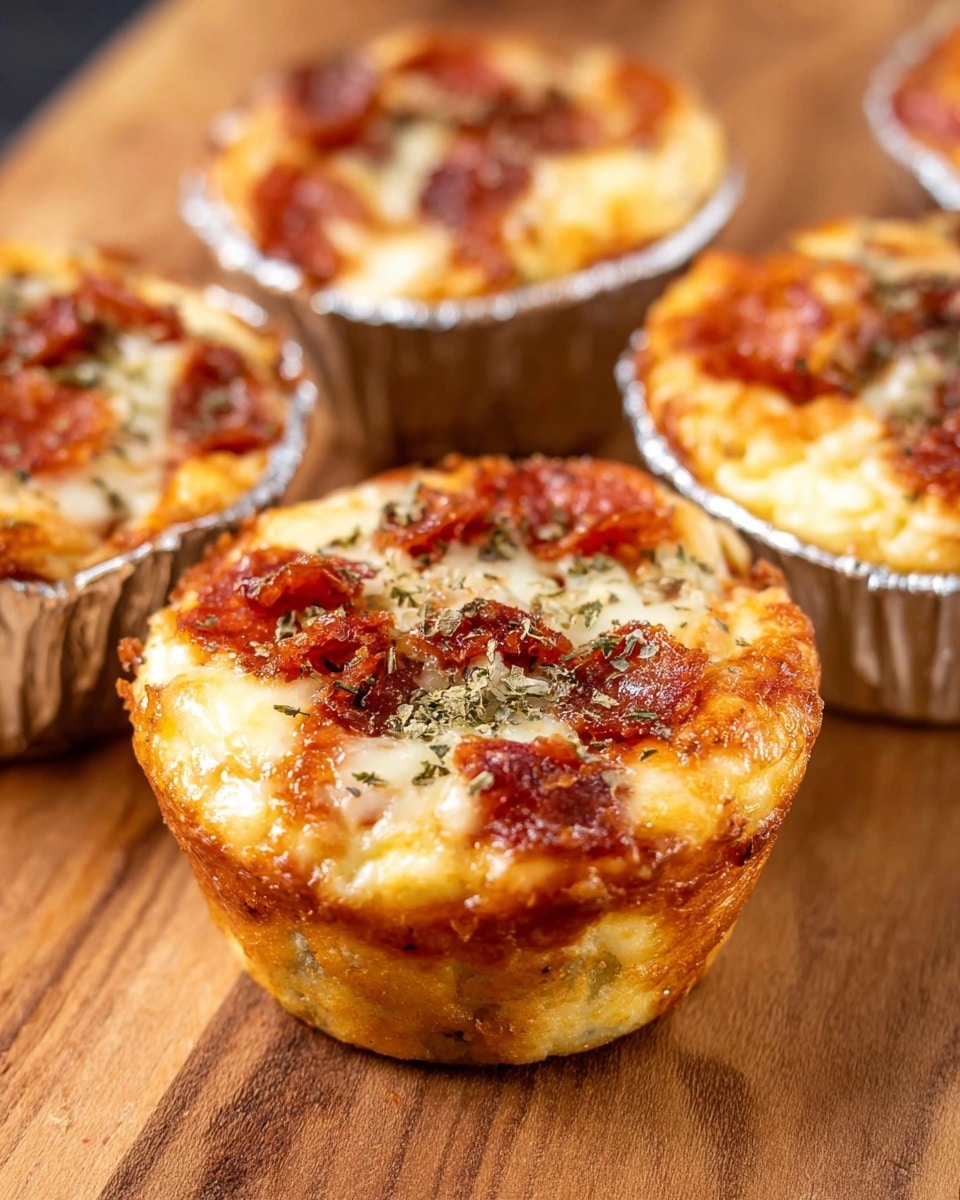 The image shows a close-up of four mini pizza muffins placed on a wooden surface, with one muffin in the foreground. Each muffin has a golden-brown crust forming the bottom and sides layer, topped with a layer of melted, creamy white cheese. Scattered on top are small pieces of reddish-brown pepperoni or bacon bits, with a light sprinkle of dried herbs adding texture and color contrast. The muffins are baked in shiny silver foil cups that reflect light softly. The overall look is warm and appetizing, highlighting the crispy edges and gooey cheese inside. Photo taken with an iphone --ar 4:5 --v 7