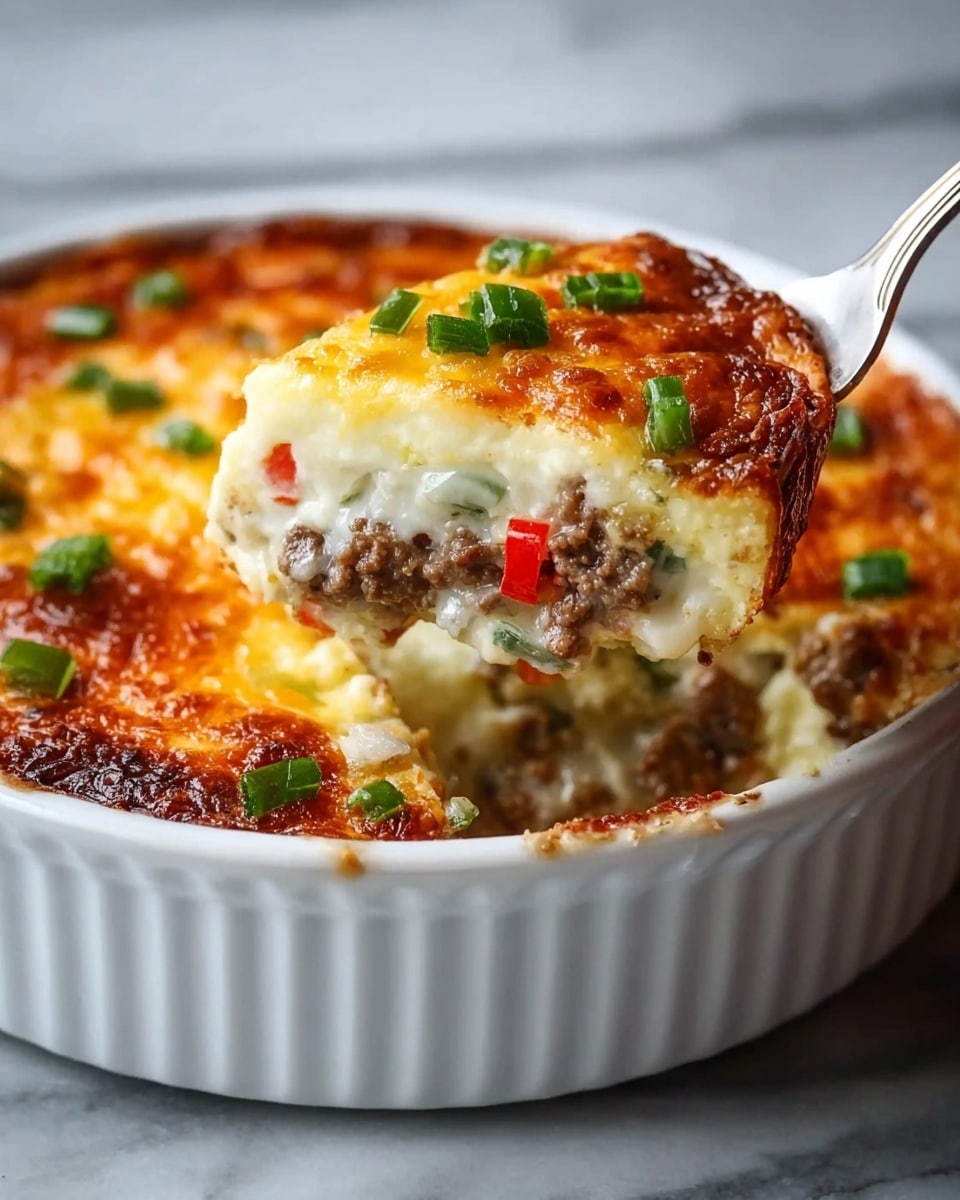 The image shows a white round baking dish filled with a layered casserole. The top layer is golden brown with melted cheese that looks slightly crispy around the edges. The scoop taken out reveals multiple layers: a creamy white sauce layer, a cooked ground beef layer mixed with small pieces of red and green bell peppers, and more white creamy sauce beneath. The scoop is held by a silver spoon over the dish, with small pieces of green chopped peppers on top. The dish sits on a white marbled surface. photo taken with an iphone --ar 4:5 --v 7