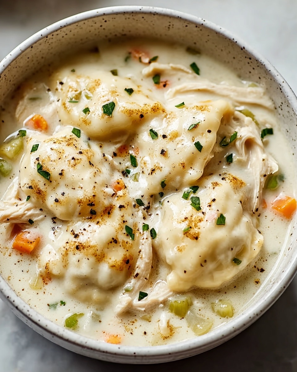 A bowl of creamy chicken noodle soup features three visible layers: shredded light brown chicken pieces on top, wavy yellow noodles mid-layer, and a creamy white broth filling the bottom and surrounding the solid ingredients. Bright red tomato pieces and small green herb leaves are scattered throughout the soup, sprinkled with black pepper on the surface. The soup is served in a simple white bowl with a brown rim, placed on a white marbled surface with a soft beige cloth partially visible nearby. photo taken with an iphone --ar 4:5 --v 7
