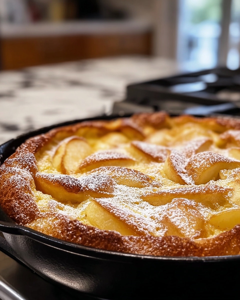 A close-up view of a golden brown apple pancake cooked in a round black skillet. The top layer has soft, slightly browned apple slices embedded in a fluffy, crispy pancake batter, sprinkled lightly with powdered sugar. The skillet sits on a stove, with a blurred kitchen background and a white marbled countertop beneath. The surface of the pancake shows uneven texture with some areas puffed up more than others, and the apple pieces add a juicy, glossy contrast to the matte batter. photo taken with an iphone --ar 4:5 --v 7