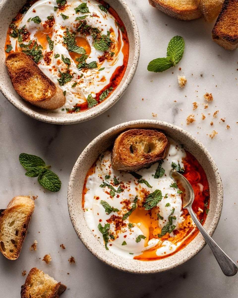 Two white speckled bowls each hold two poached eggs resting on a thick white yogurt layer, drizzled with bright red chili oil and sprinkled with fresh green herbs. Each bowl has three pieces of golden toasted bread placed on the yogurt beside the eggs. A silver spoon is placed inside the top bowl on a smooth white marbled surface, with scattered toasted bread crumbs and fresh mint leaves around. The overall look is warm and inviting with a mix of creamy, crispy, and vibrant textures. photo taken with an iphone --ar 4:5 --v 7