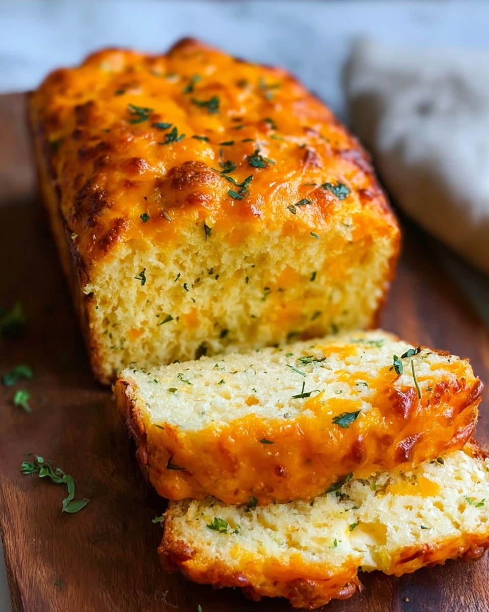 A golden brown loaf of cheese bread is shown on a wooden board with two slices cut in front. The top layer is a bright orange melted cheese crust with some browned spots and small green herb leaves sprinkled around, adding a touch of freshness. The inside of the bread is light yellow with a soft, moist texture and bits of herbs visible, making the loaf look fluffy and flavorful. The white marbled texture is faintly visible in the softly blurred background. photo taken with an iphone --ar 4:5 --v 7