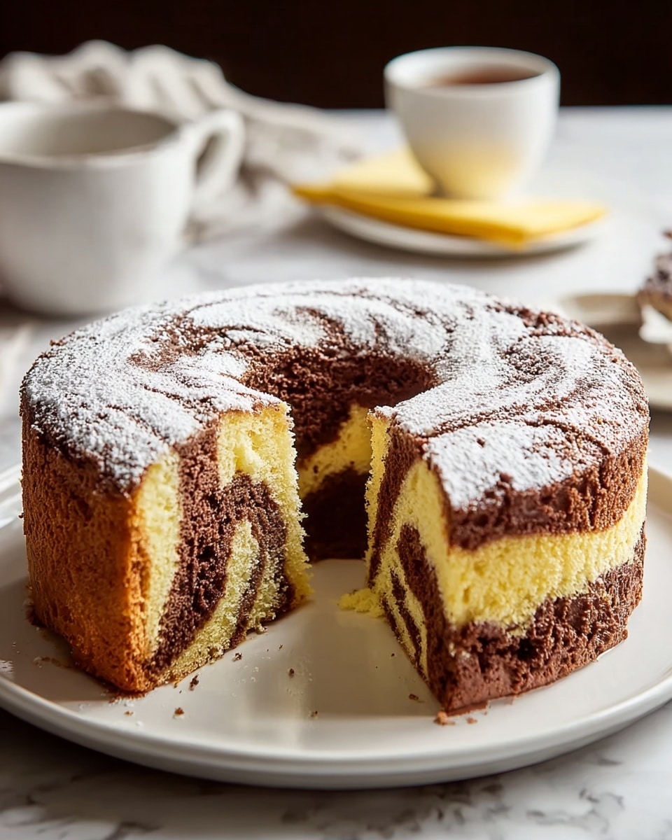 A round, two-layered marble cake sits on a white plate, with a large slice cut out from the front. The cake has an outer chocolate layer with a soft texture, and inside, alternating layers of light yellow vanilla and dark chocolate, creating a marbled effect. The top of the cake is dusted with powdered sugar, adding a fine white texture. The white plate rests on a white marbled textured surface, and a white cup and saucer with a small yellow napkin are blurred out in the background. Photo taken with an iphone --ar 4:5 --v 7