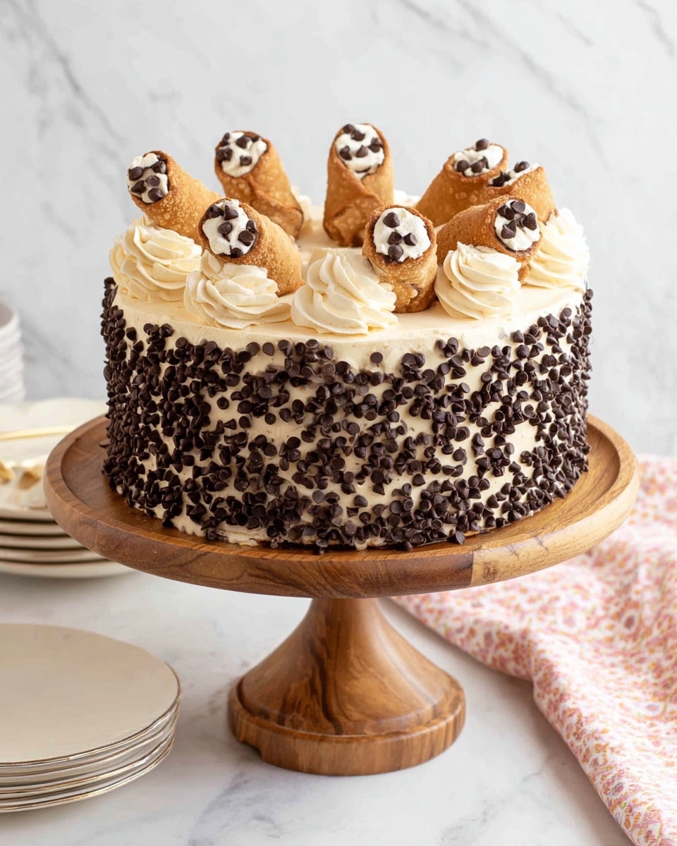 A round cake sits on a wooden cake stand with one central pillar and a flat base. The cake has a smooth light cream-colored frosting layer as the base. The sides of the cake are fully covered with small, dark chocolate chips densely packed together, creating a rough texture. On top, five small cannoli pastries are placed evenly spaced around the edge, each filled with white cream and topped with some dark chocolate chips on one end. Between the cannoli, there are small rosettes of light cream frosting. The background is a white marbled surface with a pink and white patterned cloth partially visible behind the stand, and a small stack of white plates to the left. photo taken with an iphone --ar 4:5 --v 7