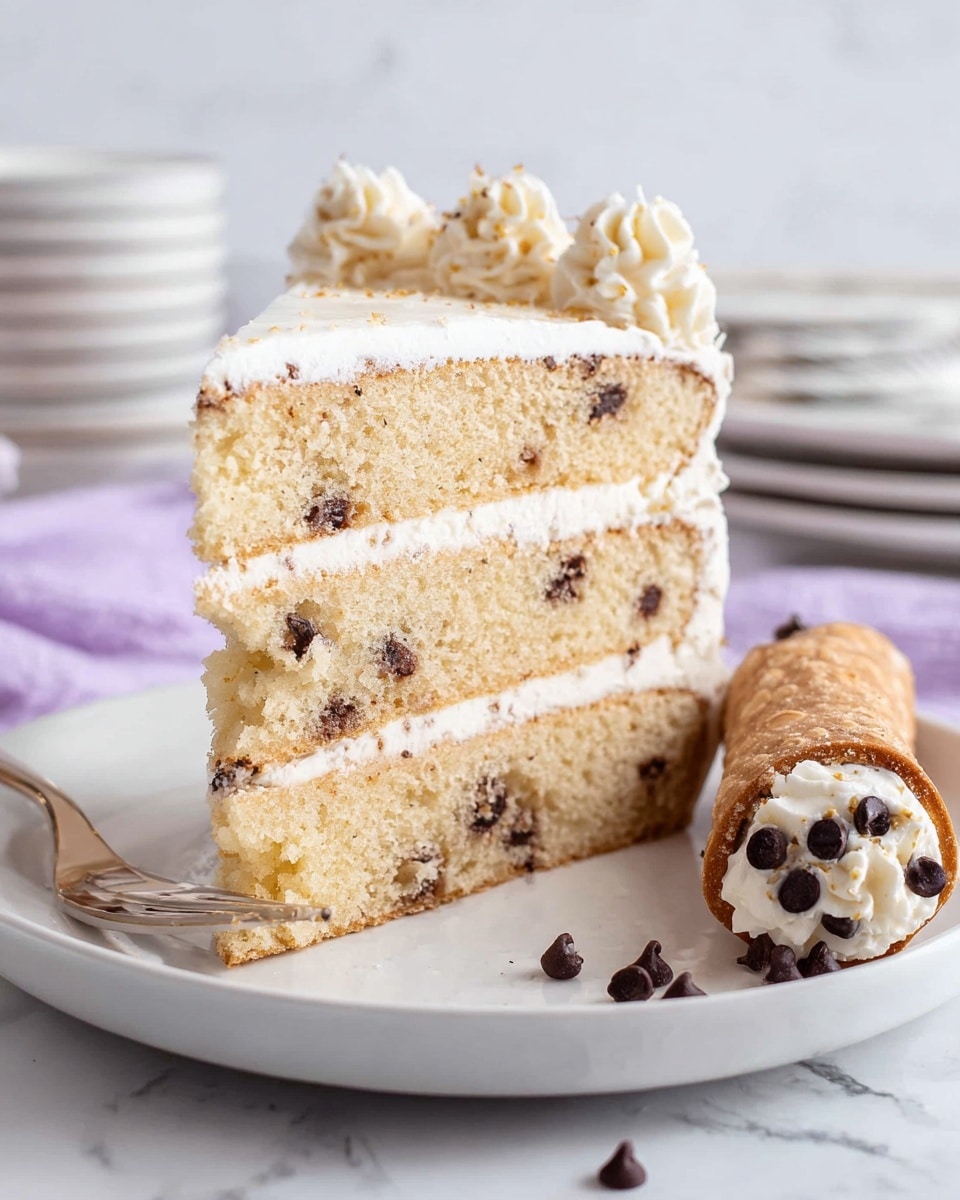 A tall slice of four-layer vanilla cake with light golden sponge layers separated by white cream filling mixed with small dark chocolate chips; the top layer is frosted with smooth white icing and decorated with a swirled cream dollop. On the white plate next to the cake slice is a small cannoli filled with white cream and studded with dark chocolate chips, matching the filling in the cake. A few loose chocolate chips are scattered on the plate near a silver fork. The background is a white marbled surface with stacked white plates and a blurred light purple cloth in soft focus. Photo taken with an iphone --ar 4:5 --v 7