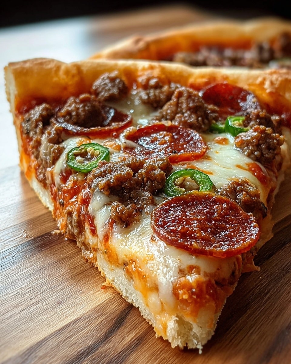 A close-up of a single slice of meat and pepperoni pizza resting on a wooden surface with a white marbled texture background. The base is a thick, golden brown crust with a slightly puffy edge. On top, a layer of red tomato sauce peeks through, covered by a melted layer of white cheese with a smooth, slightly bubbly texture. Scattered generously over the cheese are small slices of dark reddish-brown pepperoni, chunks of cooked ground meat in pale brown, and a few green slices of jalapeño pepper, all creating a mix of warm and earthy tones. The image captures the gooey, fresh look of the cheese stretching slightly over the toppings. photo taken with an iphone --ar 4:5 --v 7