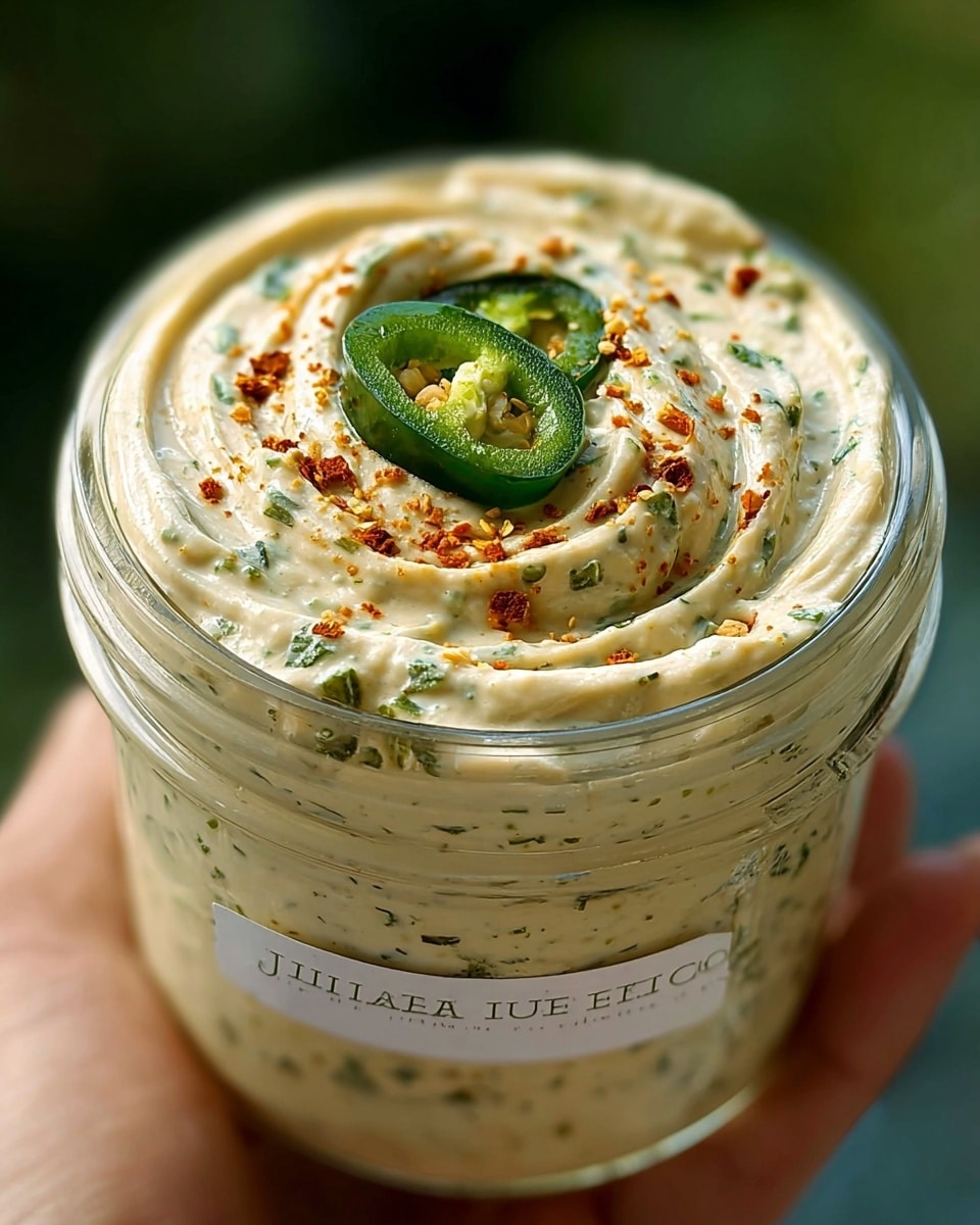 A close-up image of a clear glass jar filled with a creamy dip that has a pale yellow color with green and red herbs mixed throughout, giving it a speckled texture. On top of the dip sits a small round green chili slice, and a single rectangular cracker with black sesame seeds is partially dipped into the jar. The jar is held by a woman’s hand against a simple green-blurred background, and the label on the jar shows stylized text. photo taken with an iphone --ar 4:5 --v 7