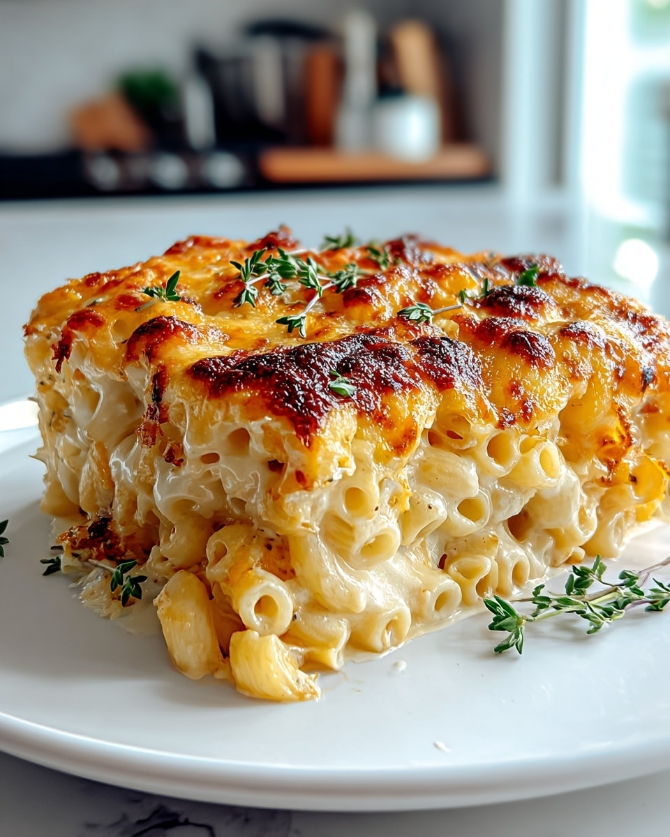 A thick square slice of baked macaroni and cheese sits on a white plate, showing three distinct layers: the bottom layer is a soft, creamy sauce with tender elbow noodles, the middle layer is a mix of melted cheese and noodles, and the top layer is a golden-brown baked cheese crust with some crispy, browned spots and small sprigs of fresh herbs scattered on it. The pasta edges curl slightly and the cheese looks rich and gooey beneath the crispy top. The white marbled surface underneath and the blurred kitchen background add a modern, clean feel. photo taken with an iphone --ar 4:5 --v 7