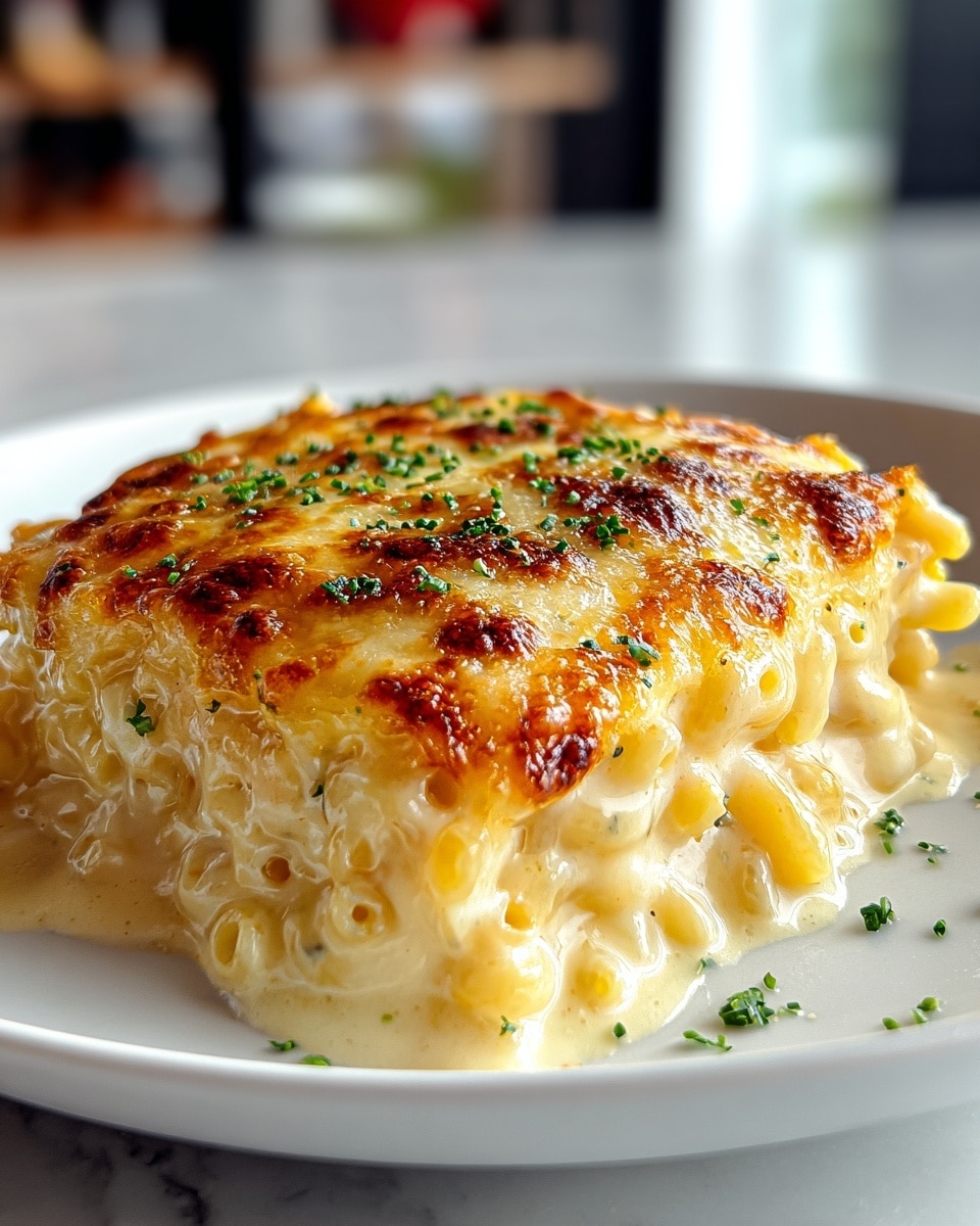 The dish is a close-up of baked macaroni and cheese served on a white plate. It has three visible layers: the bottom layer is creamy cooked macaroni pasta with a smooth, slightly glossy texture; the middle layer shows a thick, melted cheese sauce blending with the pasta, having a rich yellow color; the top layer is a golden brown, bubbly crust of melted cheese with some darker toasted spots, sprinkled with finely chopped green herbs for garnish. The plate sits on a white marbled surface with a soft-focused kitchen background. Photo taken with an iphone --ar 4:5 --v 7