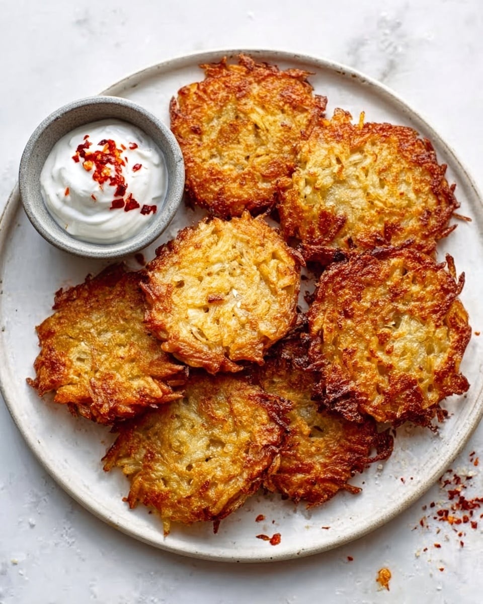 A round white plate holds a stack of eight golden-brown potato pancakes, each with a crispy texture and slightly uneven edges. The pancakes are layered in two overlapping piles, shining with a fried, crunchy surface that shows small bits of potato strands. On the top left edge of the plate, there is a small white bowl filled with creamy white sour cream, topped with a few red chili flakes for a bit of color contrast. The plate sits on a white marbled surface with a soft light that makes the golden pancakes look warm and inviting. photo taken with an iphone --ar 4:5 --v 7